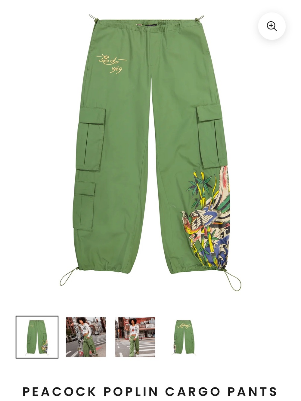 NWT Ed Hardy Green peacock poplin bird logo Cargo Parachute Pants Size small